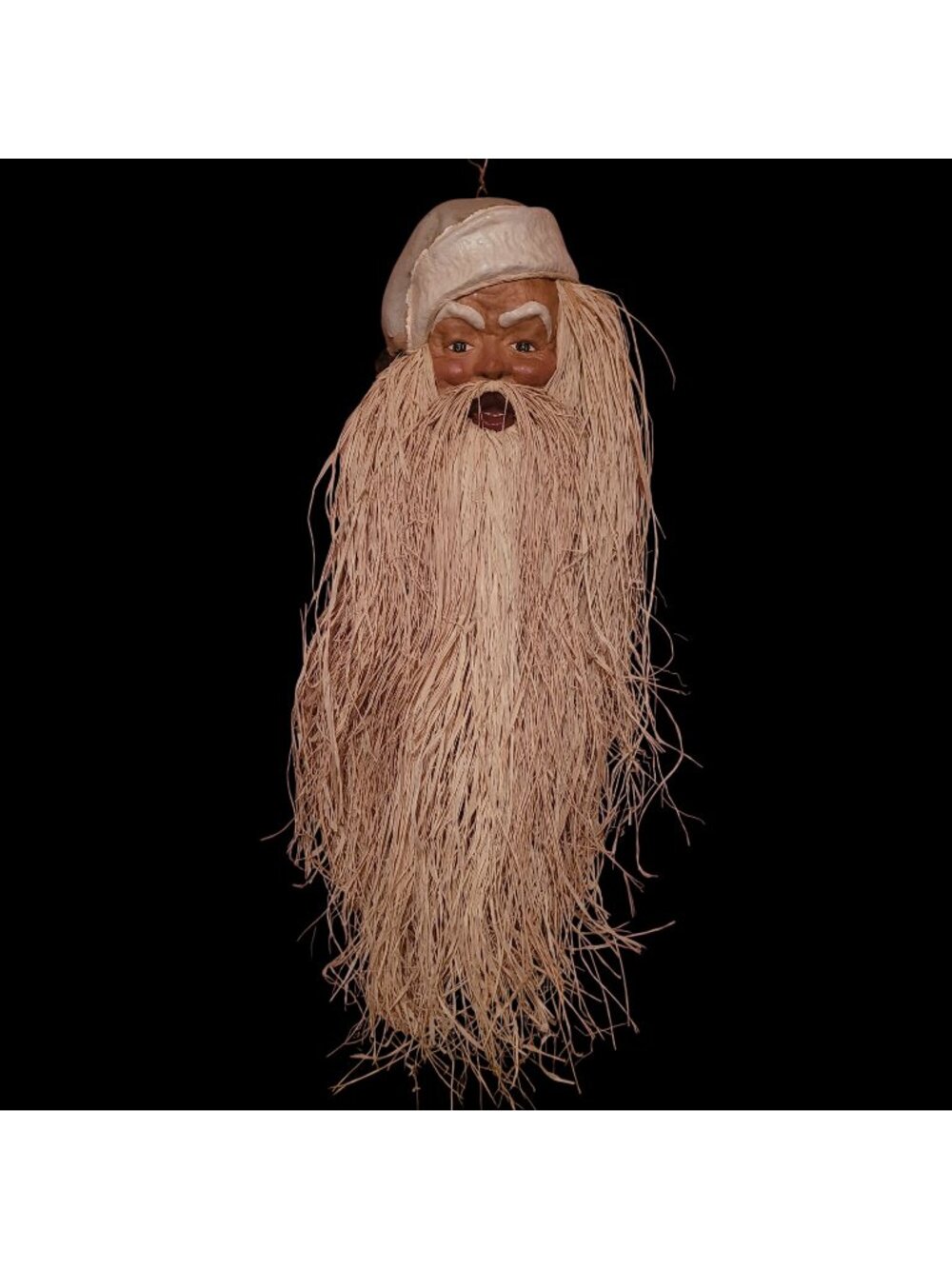 Vintage Santa Face Paper Mache Raffia Beard 44'' Primitive Country Flaw